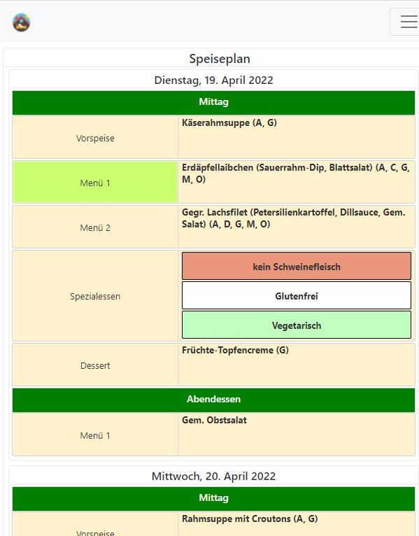 Speiseplan Internatsanwendung